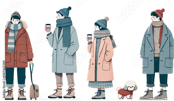 Fototapeta Cute Scene of People and Dog in Winter Clothes