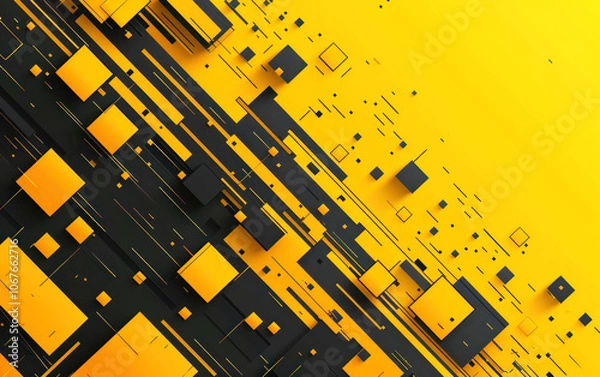 Fototapeta Tech abstract geometric background compare from black and yellow squares and stripes. Generative AI