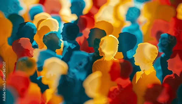 Fototapeta Men and women group, speech bubble talk. People crowd voice, blogging. Message noise, Network Connect Idea. Social Media communication, discussion, concept. Overlay color