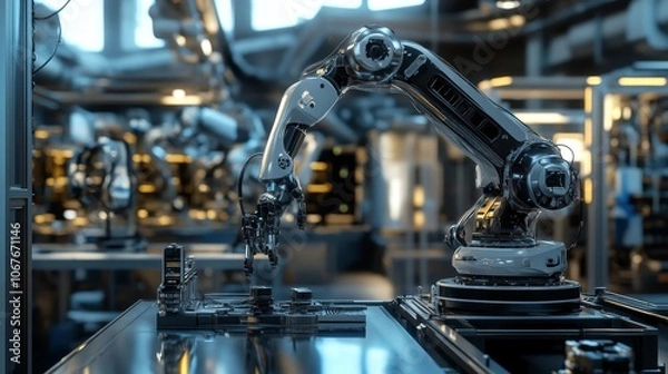 Fototapeta A high-tech robotic arm precisely assembles a circuit board in an advanced manufacturing facility, showcasing automation and innovation in industrial technology.