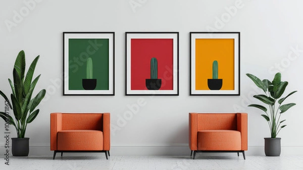 Fototapeta A modern living space featuring vibrant cactus art, stylish orange chairs, and indoor plants against a neutral wall backdrop.