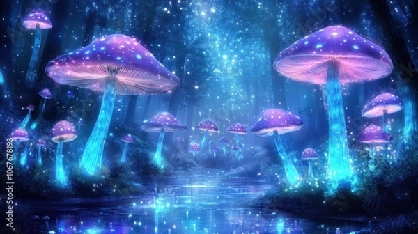Fototapeta Magical forest path with glowing mushrooms and sparkling stars in a dreamy, surreal nightscape. Concept: fantasy, enchantment, fairytale.