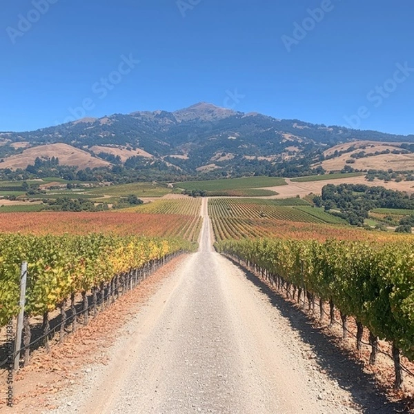 Fototapeta Scenic vineyard landscape with a dirt road and mountains in the background.