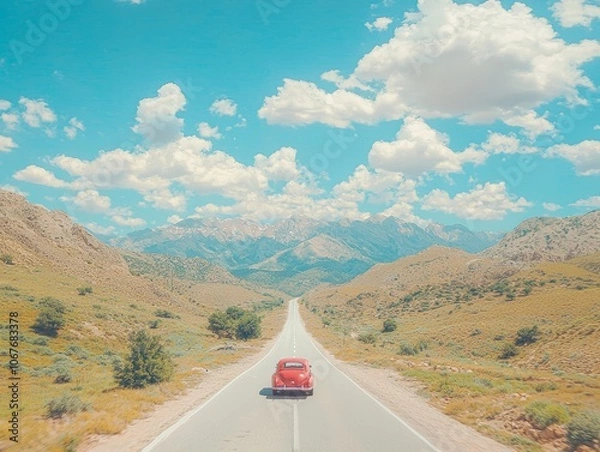 Fototapeta Scenic road with a vintage car surrounded by mountains and clouds.