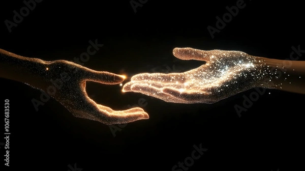 Fototapeta Hands interacting with a glowing digital data network, symbolizing digital transformation and AI-driven change   