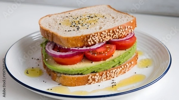 Fototapeta Open sandwich with avocado, red onion, cherry tomatoes, and sesame seeds on white plate
