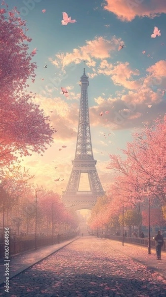 Fototapeta A picturesque view of the Eiffel Tower framed by blooming cherry blossoms.