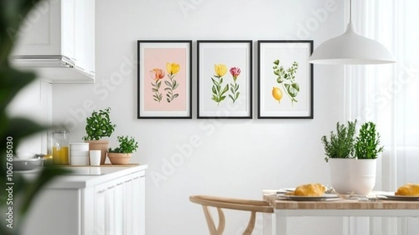 Fototapeta A kitchen with a white wall and a black framed picture of flowers on it