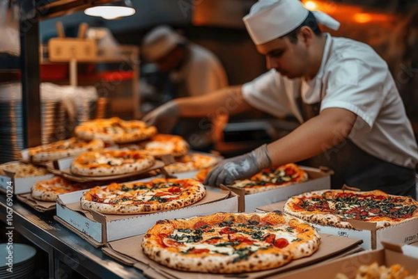 Fototapeta In a bustling pizzeria kitchen, chefs carefully arrange freshly baked pizzas in take-out boxes during the dinner rush, showcasing a variety of toppings and vibrant colors