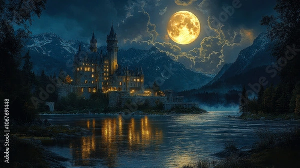 Obraz Enchanted Castle by Moonlit River at Night with Full Moon, Mountains, and Mystical Ambiance, Perfect for Fairy Tale or Fantasy Themes
