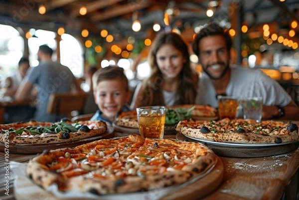 Fototapeta A family of three smiles while enjoying a variety of pizzas on wooden plates, surrounded by warm lighting and a bustling restaurant atmosphere in the evening