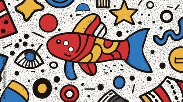 Fototapeta A colorful illustration featuring a cartoon fish surrounded by playful shapes.