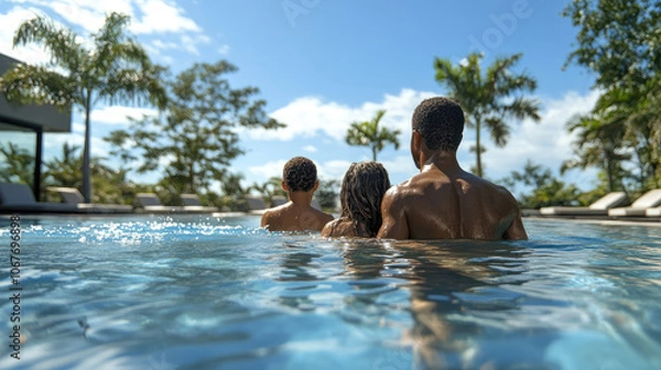 Fototapeta A family relaxes in a pristine pool, soaking up the warm summer sun while enjoying quality time together amidst tropical surroundings