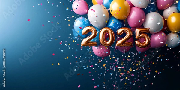 Fototapeta Colorful balloons and metallic number '2025' against a dark background, ideal for New Year's or graduation celebrations, featuring confetti and ample copy space.