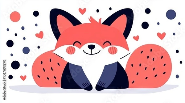 Fototapeta A cute, cartoon-style fox with a happy expression surrounded by hearts and dots.