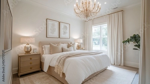 Fototapeta A Luxurious Master Bedroom with a White Bed, Beige Accents, and a Chandelier