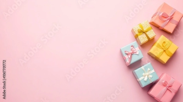 Fototapeta Pastel Gift Boxes on Pink Background.