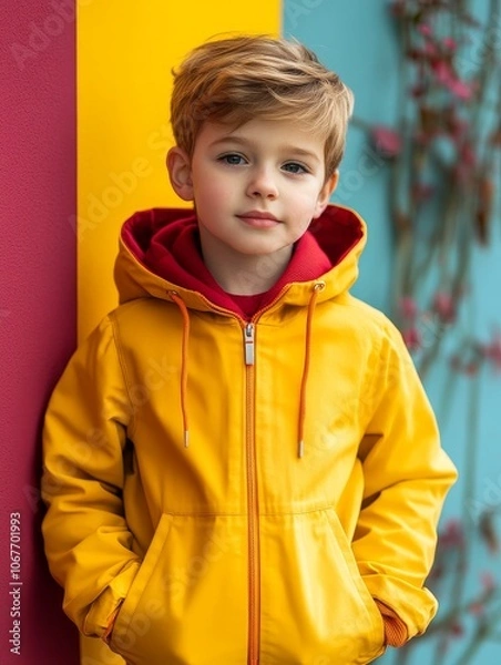 Obraz A young boy with blonde hair wears a yellow jacket and red hoodie, standing against a colorful background of red, yellow, and blue, radiating charm and confidence in modern kids fashion.