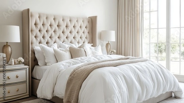 Fototapeta Luxurious White and Beige Bedroom with a Tufted Headboard