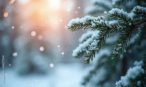 Fototapeta Winter wonderland snowy pine branches soft bokeh lights