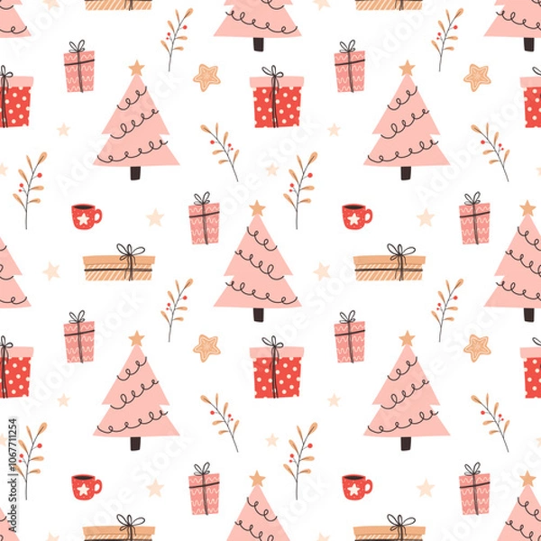 Fototapeta Christmas tree, gift, holly berries leaves and snowflakes seamless pattern. Glamorous decorative wrapping paper for the winter holidays. Seamless vector pattern with pink Christmas trees and gift.