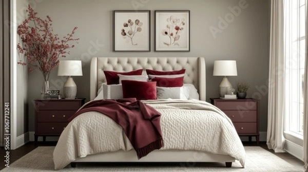 Obraz A Burgundy and White Bedroom with a Plush Bed and Decorative Artwork