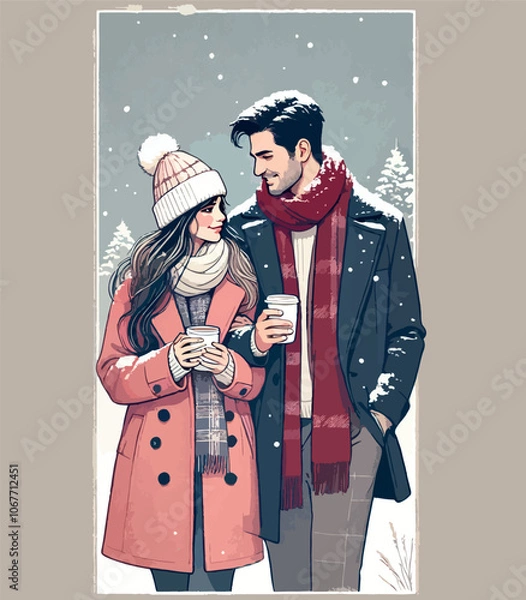 Fototapeta Couple in Cute Winter Attire Illustration