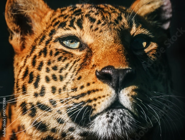 Fototapeta Dramatic portrait of a leopard illuminated by striking light, highlighting its fierce gaze