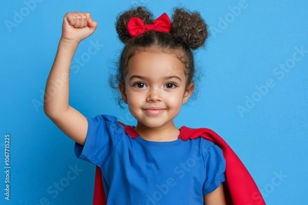 Obraz Over a blue sky background, a funny little girl plays power super hero. Concept of superheroes.