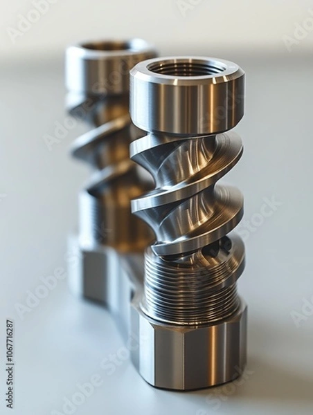 Fototapeta Close-up of two metallic helical components, showcasing precision engineering and the intricate design of industrial machine parts.