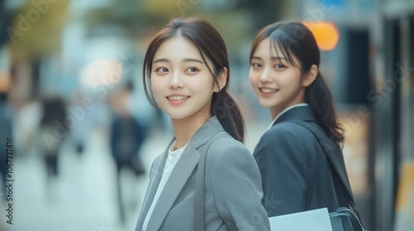 Obraz スーツ姿の日本人女性が街を歩く