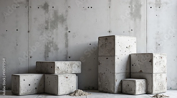 Fototapeta Concrete blocks in various sizes against industrial wall - perfect for architecture blogs, construction websites, modern design presentations, and urban photography