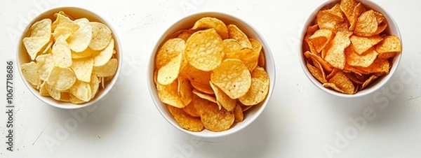 Fototapeta Three bowls of assorted potato chips arranged on a white table, showcasing different flavors and textures ready for snacking