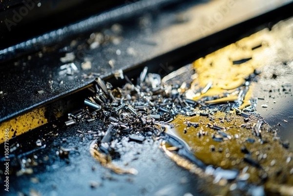 Fototapeta Industrial precision: close-up of metal shavings and oil on machine tool surface