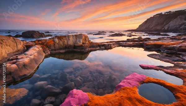 Fototapeta "Rocky Shoreline and Tide Pools Reflecting Sunset Colors: Capturing Coastal Beauty with Vibrant Reflections in Tranquil Tide Pools, Perfect for Scenic and Natural Themes in Stock Photography."