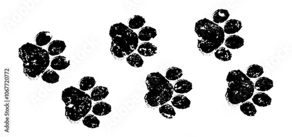 Fototapeta Dog paw print, cat foot grunge icon, animal sketch path. Bear, panda step texture. Tiger stamp foot track. Black silhouettes isolated on white background. Cartoon vector illustration