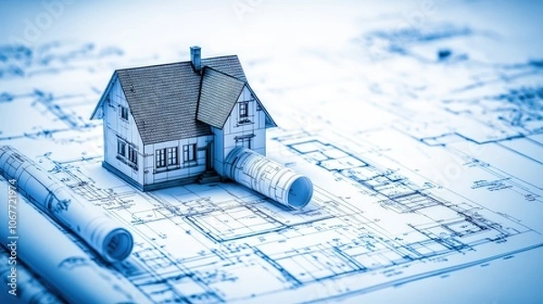 Fototapeta A model house sits on top of detailed architectural blueprints, symbolizing the planning process