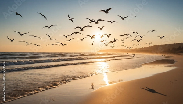Fototapeta "Seagulls in Flight Over Beach at Sunset: Capturing Freedom and Movement in a Coastal Scene with Golden Light and Dynamic Silhouettes, Perfect for Nature and Serenity Themes in Stock Photography."
