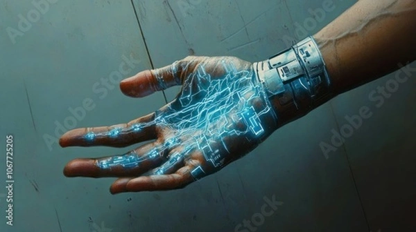 Fototapeta A close-up of a human hand with a futuristic, glowing, blue, electronic device attached to the wrist.