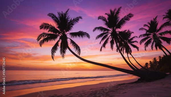 Fototapeta "Silhouettes of Palm Trees Against Vibrant Sunset Sky: Capturing the Beauty of Tropical Beaches with Lush Palms and Stunning Sunset Colors, Perfect for Exotic, Relaxing, and Paradise-Themed Stock Phot