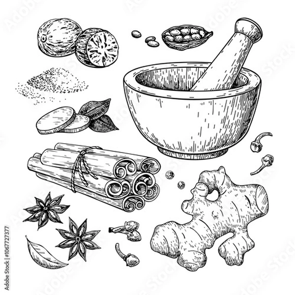 Fototapeta Winter spice vector drawing. Flavoring seeds and herbs for christmas food and drinks.