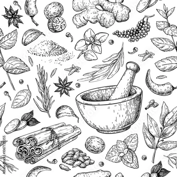 Fototapeta Herbs and spice seamless pattern. Vector drawing background with mortar and pestle. Engraved style flavor and condiments