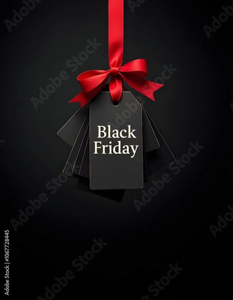 Fototapeta a black friday sale sign on a black background with a red ribbon tied around it