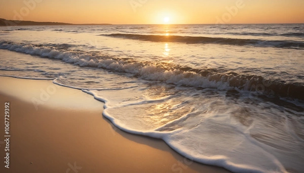 Fototapeta "Golden Sands at Sunset with Gentle Waves: Capturing the Tranquil Beauty of a Beach at Sunset with Soft Waves and Warm Sunset Light, Perfect for Relaxing, Serene, and Natural Beach Photography."