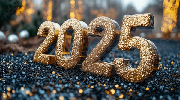 Fototapeta Świecące na złoto napisy na Nowy Rok 2025