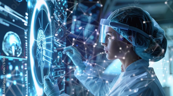 Fototapeta A scientist analyzes advanced brain scans using digital technology in a modern laboratory, showcasing innovative research and exploration in neuroscience