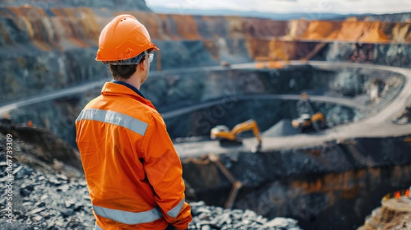 Fototapeta A construction worker observes quarry operations during daylight, wearing safety gear while standing on rocky terrain near heavy machinery