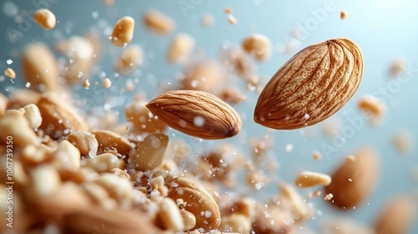 Fototapeta Almonds in Motion with Seasoning and Dust for a Healthy Snack