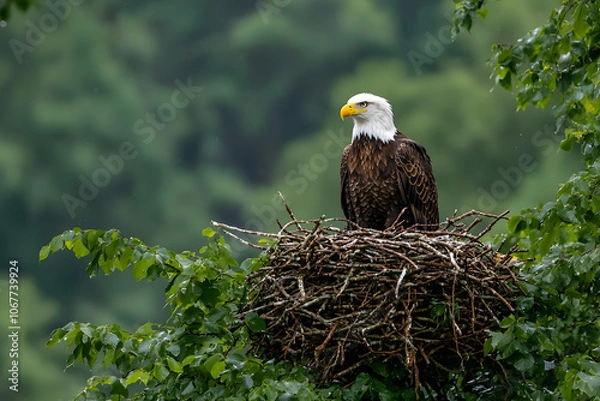 Fototapeta A majestic bald eagle perches on its large nest, surveying its surroundings with a regal gaze, symbolising strength, freedom, and the beauty of nature