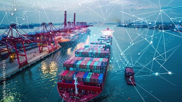 Fototapeta A cargo ship navigates through busy port waters at dusk, surrounded by cranes and shipping containers, showcasing advanced shipping technology and logistics operations